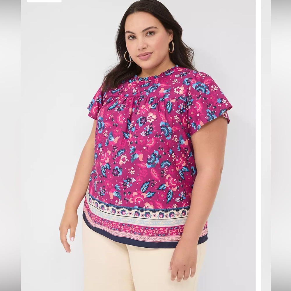 Lane Bryant Ruffle Crew-Neck Blouse Magenta Floral print birds flutter sleeve 16